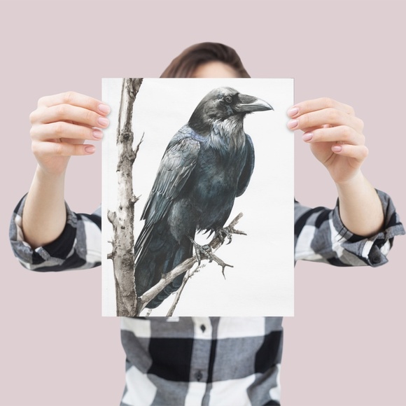 Watercolor Black Crow Wall Art Print Unframed - Black Bird Illustration Artwork - Picture 4 of 6